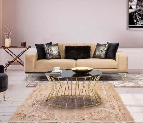 Modern Sofa 3 Seat Living room Couch Design Furniture Metal Beige Upholstery