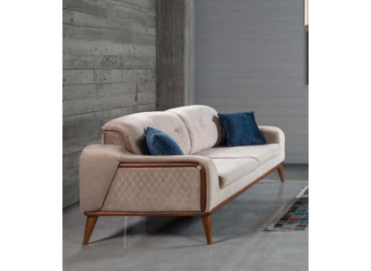 Beige Couch Living room Three Seater Seat Cushion Sofa Furniture Velvet Wood