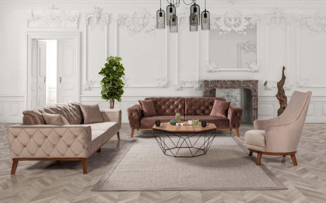 Sofa set Sofa 3+3+1 Seat Brown Armchair Fabric Chesterfield Velvet