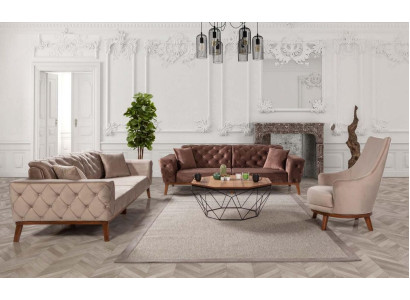 Sofa set Sofa 3+3+1 Seat Brown Armchair Fabric Chesterfield Velvet