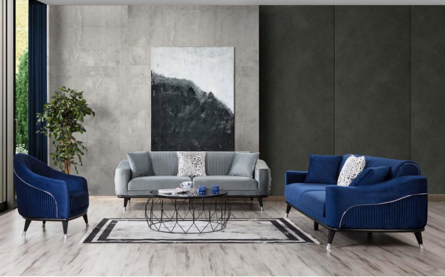 Sofa set 3+3+1 Seat Sofas Upholstery Couches Wood gray Blue Velvet