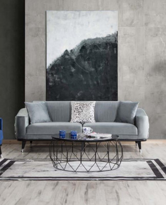 Sofa set 3+3+1 Seat Sofas Upholstery Couches Wood gray Blue Velvet