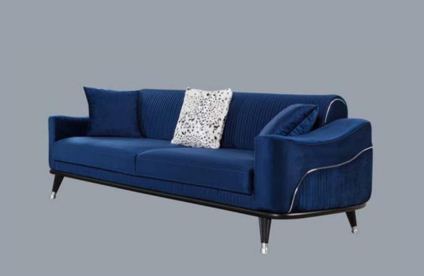 Sofa set 3+3+1 Seat Sofas Upholstery Couches Wood gray Blue Velvet