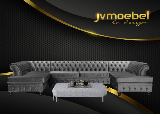 Set Luxury Modern Corner sofa U-shape Chesterfield and Coffee table Living room Textile