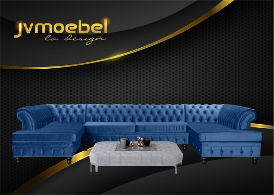 Set Luxury Modern Corner sofa U-shape Chesterfield and Coffee table Living room Textile