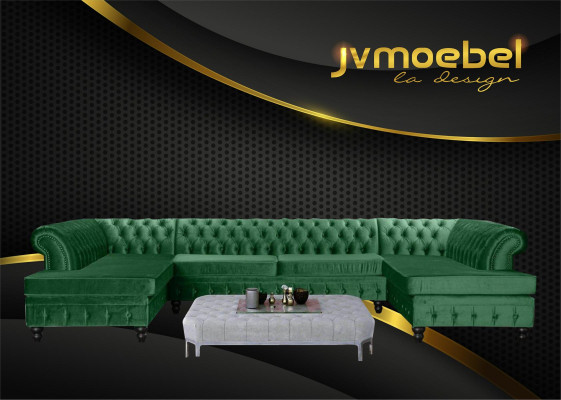 Set Luxury Modern Corner sofa U-shape Chesterfield and Coffee table Living room Textile