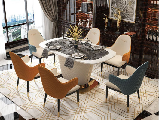 Chairs Metal Luxury Designer Dining room Dining table 6x Lehn Leather Group