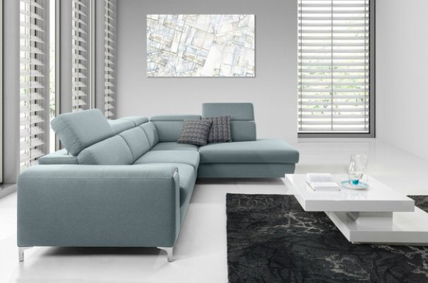 Designer comfort able, soft corner sofa in exquisite blue for the living room