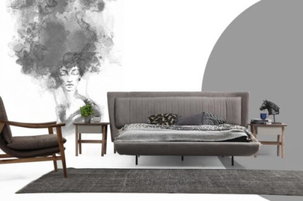 Suite Bedroom Double bed Bed Bedside tables Gray Set 3pcs Fabric