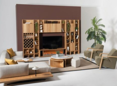 Wall unit with electric fireplace living walls Corner sofa Armchair Complete Set 5 pieces