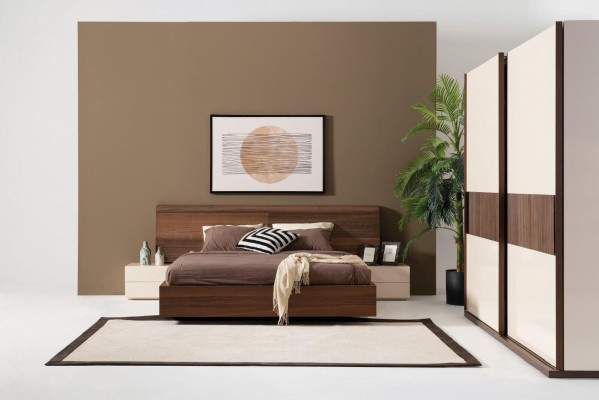 Stylish modern bed with two bedside tables made of natural wood