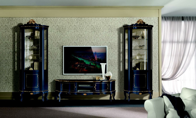 Luxury Set Suite 3-piece TV cabinet with 2x Display case Blue Italian luxury furniture baroque style