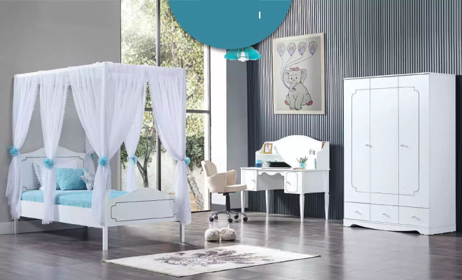 Childrens room Bedroom Complete room Youth room Four poster bed White